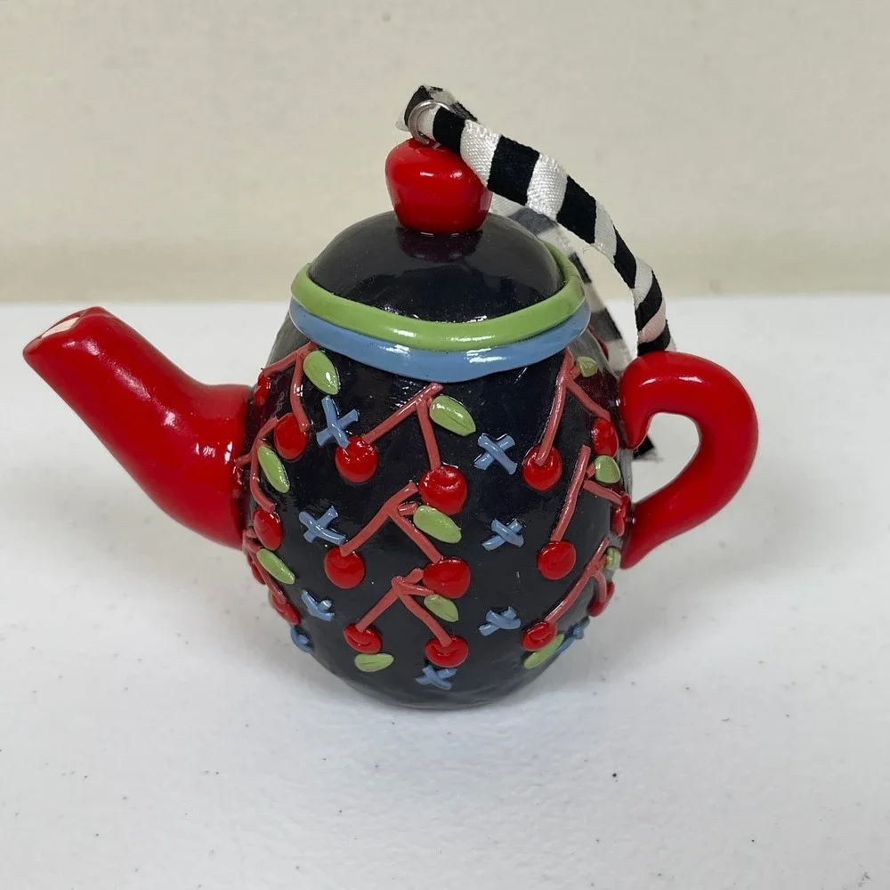 Mary Engelbreit Teapot Christmas Ornament Black Red Cherry Print Whimsy Kitsch